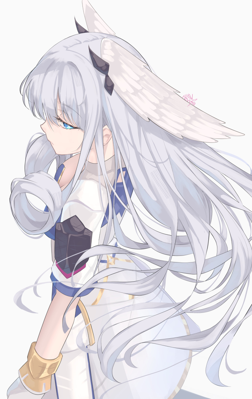 1girl artist_name blue_eyes breasts cleavage commentary dress from_above gloves grey_hair head_wings highres long_hair melia_antiqua revvie simple_background solo twitter_username two-tone_gloves white_background white_dress white_gloves wings xenoblade_chronicles_(series) xenoblade_chronicles_3 yellow_gloves