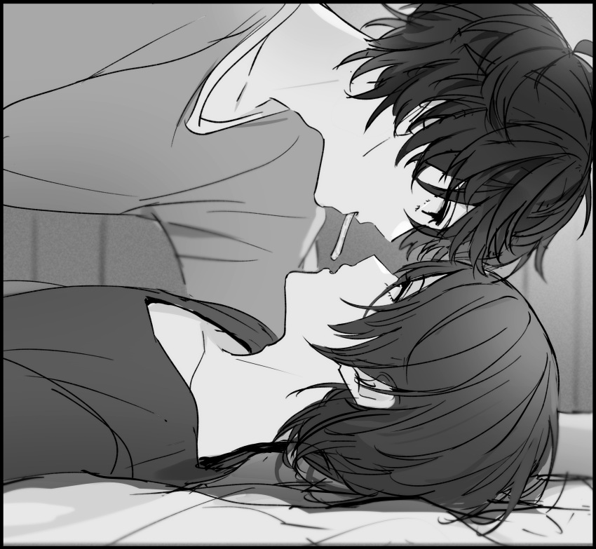 2boys absurdres amamiya_ren arm_support black_border border commentary_request facing_another food food_in_mouth from_side greyscale hair_between_eyes highres indoors kitagawa_yuusuke looking_at_another lying male_focus messy_hair monochrome multiple_boys on_back on_bed persona persona_5 pocky pocky_in_mouth profile shirt short_hair shukitashuki sketch yaoi