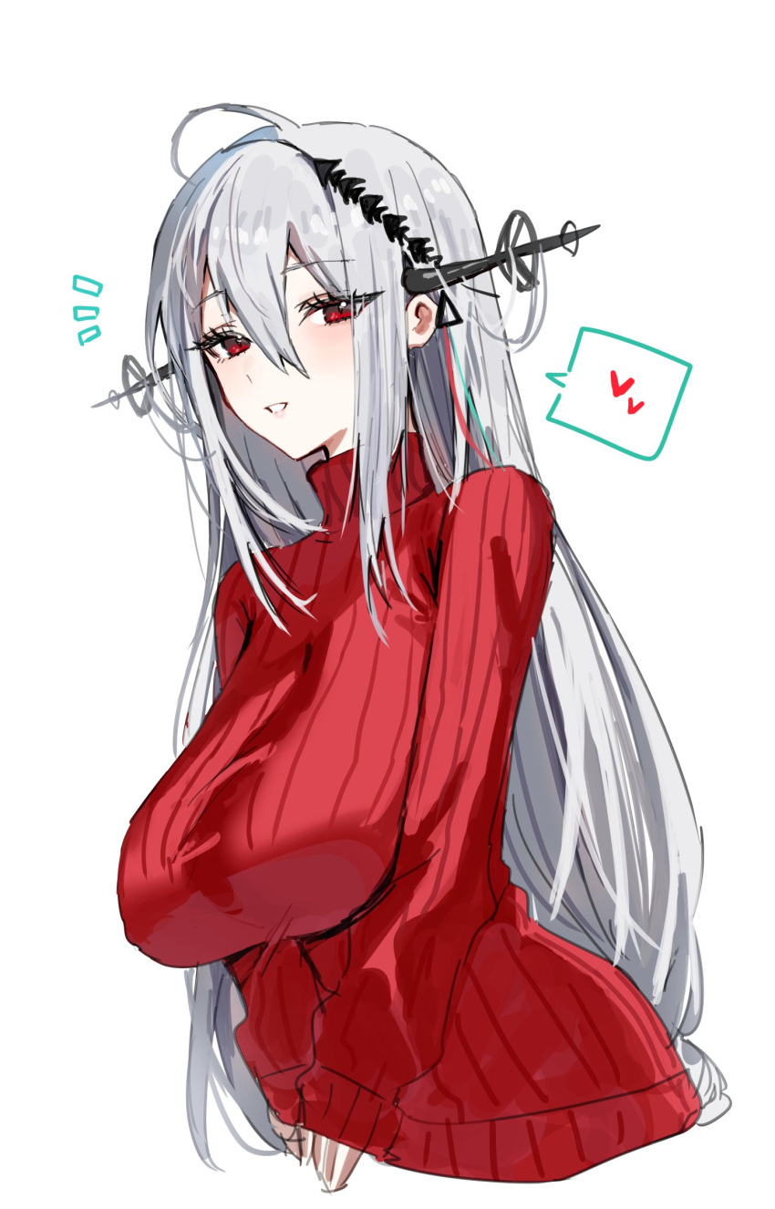 1girl alternate_costume arknights blush breasts double-parted_bangs grey_hair hair_ornament heart highres horn/wood large_breasts long_hair long_sleeves looking_at_viewer puffy_long_sleeves puffy_sleeves red_eyes red_sweater simple_background skadi_(arknights) smile solo spoken_heart sweater upper_body white_background