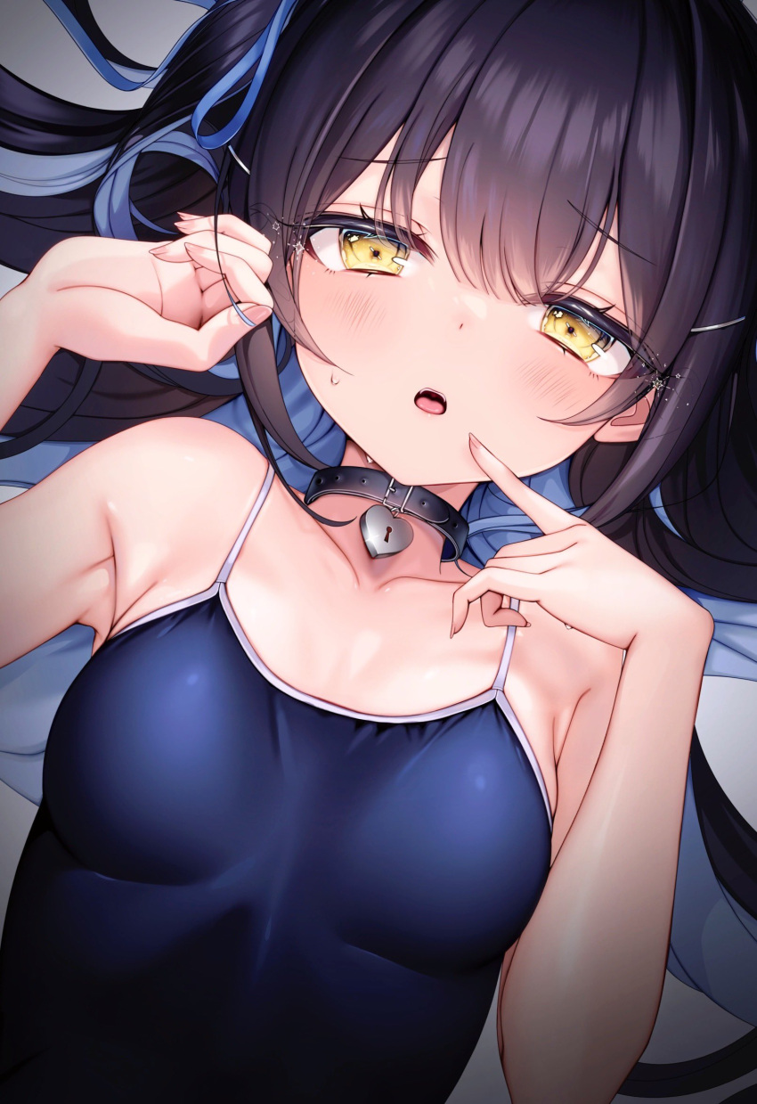 1girl black_hair blue_hair blue_one-piece_swimsuit blush breasts collarbone finger_to_cheek heart_collar highres long_hair looking_at_viewer multicolored_hair one-piece_swimsuit open_mouth original small_breasts solo sweatdrop swimsuit two-tone_hair upper_body yellow_eyes yunmi_0527