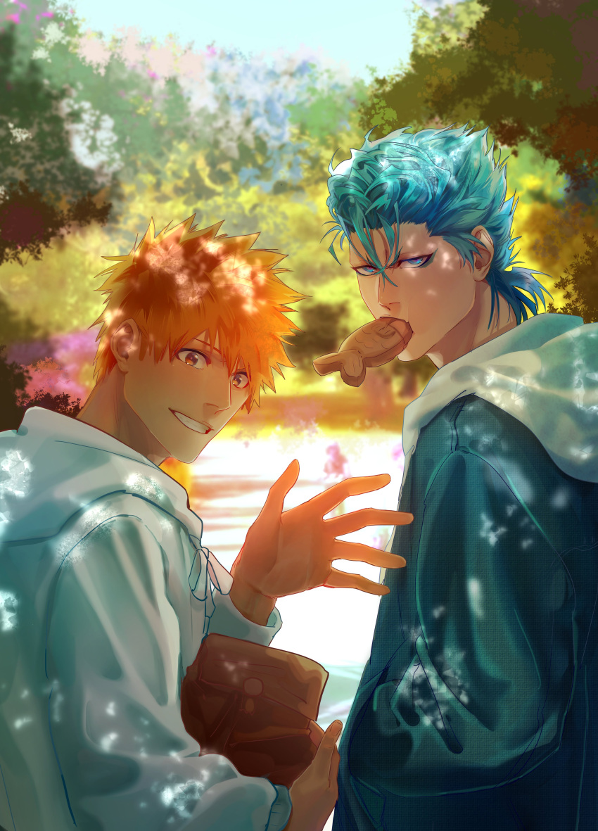 2boys absurdres bag bleach blue_eyes blue_hair blue_sky dappled_sunlight day eating facial_mark food food_in_mouth grimmjow_jaegerjaquez hair_between_eyes hand_in_pocket highres holding holding_bag hood hood_down hooded_jacket jacket kurosaki_ichigo long_sleeves looking_at_viewer looking_back multiple_boys nanoli21 orange_hair outdoors paper_bag short_eyebrows short_hair sky smile sunlight taiyaki tree upper_body wagashi waving