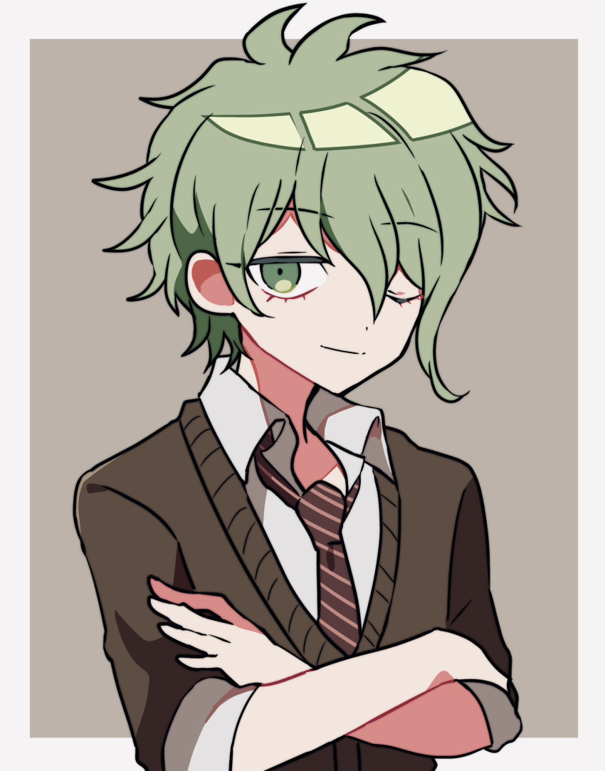 1boy ;) amami_rantaro border brown_background brown_sweater collared_shirt crossed_arms danganronpa_(series) danganronpa_v3:_killing_harmony green_eyes green_hair grey_shirt highres male_focus messy_hair necktie official_alternate_costume one_eye_closed shirt short_hair smile solo striped_necktie sweater todoroki_gk2 upper_body white_border