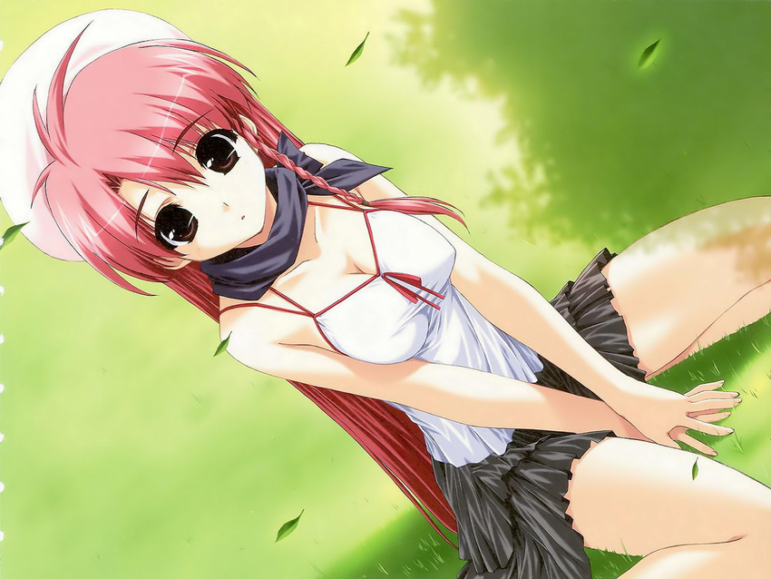 boy_meets_girl breast_squeeze breasts covered_nipples day grass highres jpeg_artifacts large_breasts long_hair nature official_art outdoors pink_hair scan shintarou skirt solo tsubasa_miu