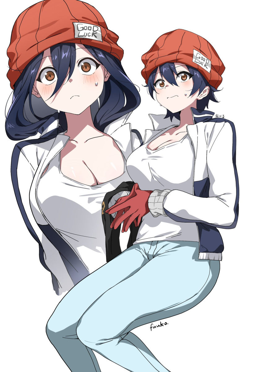 1girl :&lt; beanie black_hair blue_pants blush breasts brown_eyes character_name cleavage closed_mouth commentary cropped_torso denim english_commentary english_text feet_out_of_frame gloves hair_between_eyes hat highres invisible_chair izumo_fuuko jacket jeans large_breasts long_sleeves looking_at_viewer multiple_views open_clothes open_jacket pants red_beanie red_gloves short_hair simple_background sitting steepled_fingers sweat tank_top track_jacket undead_unluck wavy_mouth white_background white_tank_top you_guo_chaocai