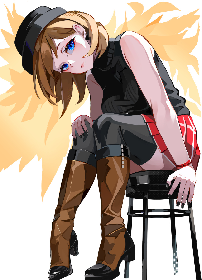 1girl absurdres black_hat black_nails black_sweater black_thighhighs blue_eyes boots breasts brown_hair expressionless hat highres leaning_forward looking_at_viewer pokemon red_skirt serena_(pokemon) sitting skirt sleeveless sleeveless_sweater solo sweater thighhighs tor_(torkrub111) turtleneck turtleneck_sweater