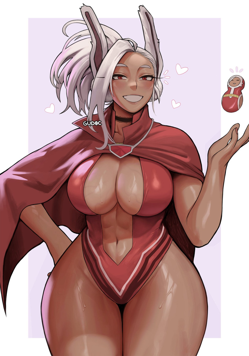 1girl :d abs animal_ears artist_name black_choker blush boku_no_hero_academia border breasts cape center_opening character_doll choker cleavage cosplay curvy dark-skinned_female dark_skin gud0c hand_on_own_hip hand_up heart highleg highleg_leotard highres large_breasts leotard long_hair looking_at_viewer mirko navel ponytail purple_background rabbit_ears rabbit_girl red_cape red_eyes red_leotard smile solo sweat thick_thighs thighs toned white_border wide_hips yaoyorozu_momo yaoyorozu_momo_(cosplay)