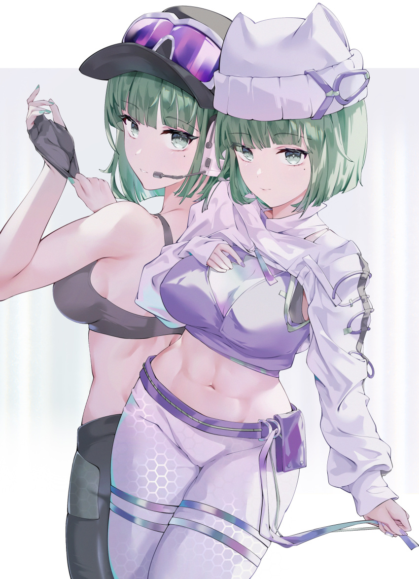 2girls absurdres adjusting_clothes adjusting_gloves animal_hat arknights black_gloves black_sports_bra breasts cat_hat choppy_bangs cleavage ela_(rainbow_six_siege) eyelashes eyewear_on_head fingerless_gloves gloves gradient_background green_eyes green_hair green_nails grey_background hand_on_own_chest hat headset highres looking_at_viewer luridrumours midriff mole mole_under_eye multiple_girls navel purple_nails rainbow_six_siege short_hair sideboob sidelighting sports_bra standing toned white_background