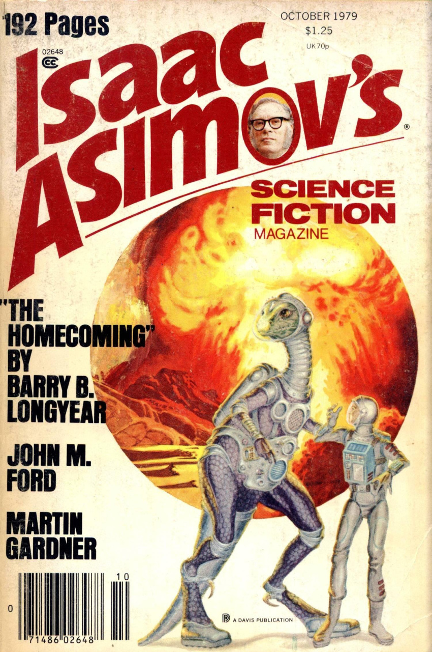 1979 20th_century ancient_art anthro claws cloud dinosaur duo female george_barr hi_res human issac_asimov's_science_fiction_magazine magazine male mammal mushroom_cloud reptile scalie spacesuit tail traditional_media_(artwork)
