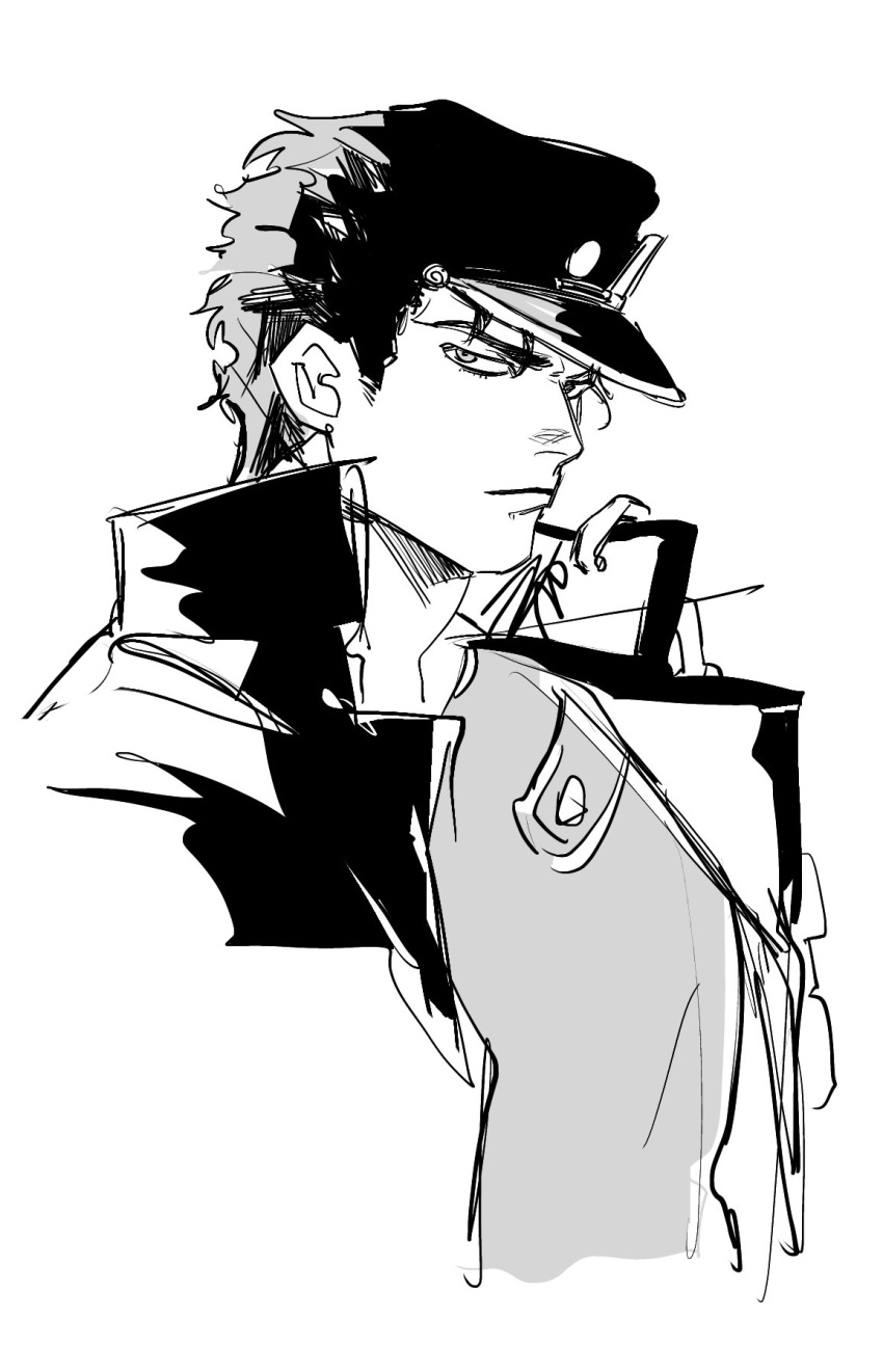 1boy azisaiharumaki56 chain closed_mouth cropped_torso gakuran greyscale hat highres jacket jojo_no_kimyou_na_bouken kujo_jotaro looking_at_viewer male_focus monochrome profile school_uniform shirt short_hair signature simple_background solo t-shirt