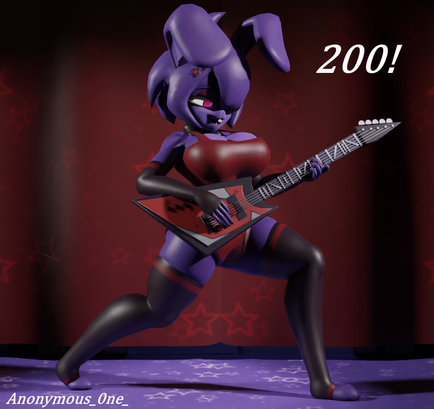 anonymous_0ne anthro big_breasts bonnie_(cally3d) bonnie_(fnaf) breasts buckteeth clothed clothing female five_nights_at_freddy's fredina's_nightclub guitar hi_res lagomorph legwear leporid mammal musical_instrument pink_eyes playing_guitar playing_music plucked_string_instrument rabbit scottgames solo string_instrument teeth thigh_highs