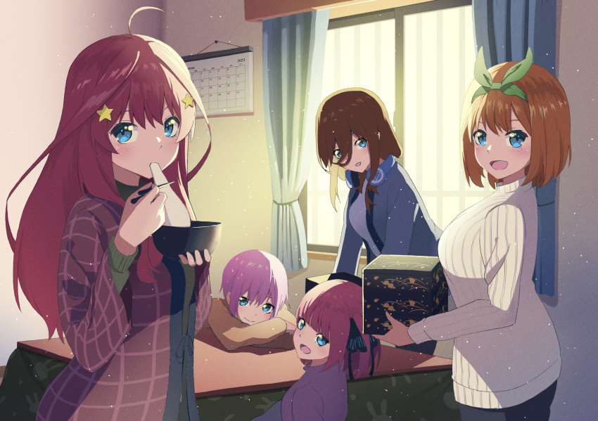 5girls :d ahoge backlighting blue_eyes blush bowl box brown_hair butterfly_hair_ornament calendar_(object) casual chopsticks closed_mouth commentary cowboy_shot day eating enpera eyebrows_hidden_by_hair food go-toubun_no_hanayome green_ribbon hair_between_eyes hair_ornament hair_ribbon highres holding holding_bowl holding_box holding_chopsticks indoors kotatsu leaning_forward light_particles long_hair long_sleeves looking_at_viewer medium_hair mochi mochi_trail multiple_girls nakano_ichika nakano_itsuki nakano_miku nakano_nino nakano_yotsuba new_year open_mouth orange_hair pink_hair quintuplets red_hair ribbed_sweater ribbon short_hair siblings sidelocks sisters sitting smile standing star_(symbol) star_hair_ornament sunlight sweater table two_side_up white_sweater window yasuba_yuichi