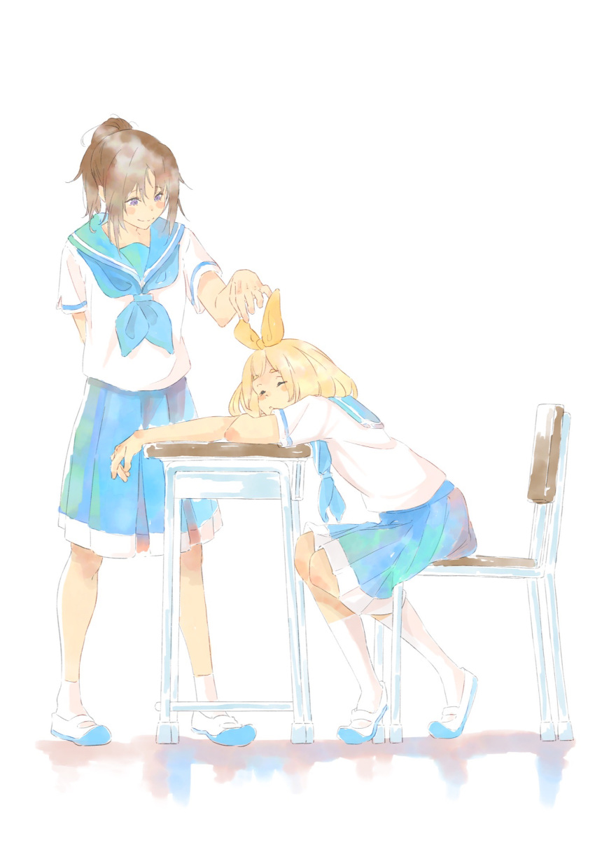 2girls arm_behind_back blonde_hair blue_neckerchief blue_sailor_collar blue_skirt blush blush_stickers brown_hair chair closed_eyes closed_mouth desk full_body hair_ribbon hand_on_headwear hibike!_euphonium highres jojinta kitauji_high_school_uniform leaning leaning_forward liz_to_aoi_tori long_hair looking_at_another multiple_girls nakagawa_natsuki neckerchief pleated_skirt ponytail purple_eyes ribbon sailor_collar school_chair school_desk school_uniform serafuku shirt shoes short_sleeves simple_background sitting skirt sleeping smile socks standing uwabaki white_background white_footwear white_shirt white_socks yellow_ribbon yoshikawa_yuuko