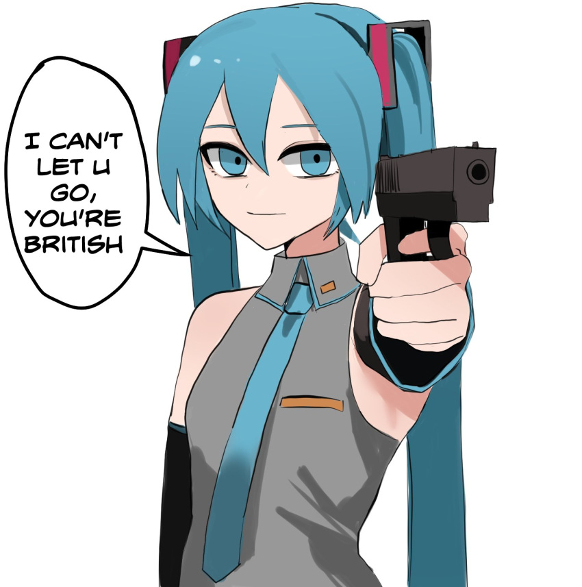 1girl aiming aiming_at_viewer blue_eyes blue_hair blue_necktie closed_mouth collared_shirt detached_sleeves finger_on_trigger grey_shirt gun handgun hatsune_miku highres holding holding_gun holding_weapon long_hair looking_at_viewer mykokampfwagen necktie racism shirt sleeveless sleeveless_shirt solo twintails very_long_hair vocaloid weapon wing_collar