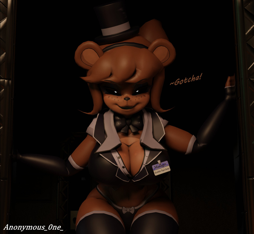 animatronic anonymous_0ne anthro bear big_breasts bow_ribbon breasts clothed clothing dialogue female five_nights_at_freddy's freddy_(fnaf) fredina's_nightclub fredina_(cally3d) hat headgear headwear hi_res legwear machine mammal name_tag robot scottgames skimpy solo thigh_highs top_hat