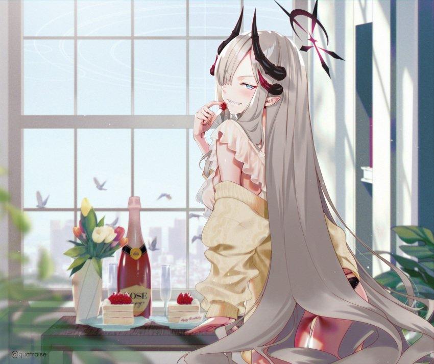 1girl black_horns black_panties blue_archive blue_eyes blush bottle breasts cake cake_slice cowboy_shot cup demon_horns food grey_hair grin halo highres horns indoors large_breasts long_hair long_sleeves looking_at_viewer makoto_(blue_archive) multiple_horns off-shoulder_sweater off_shoulder panties pointy_ears quatraise red_halo smile solo sweater twitter_username underwear window yellow_sweater