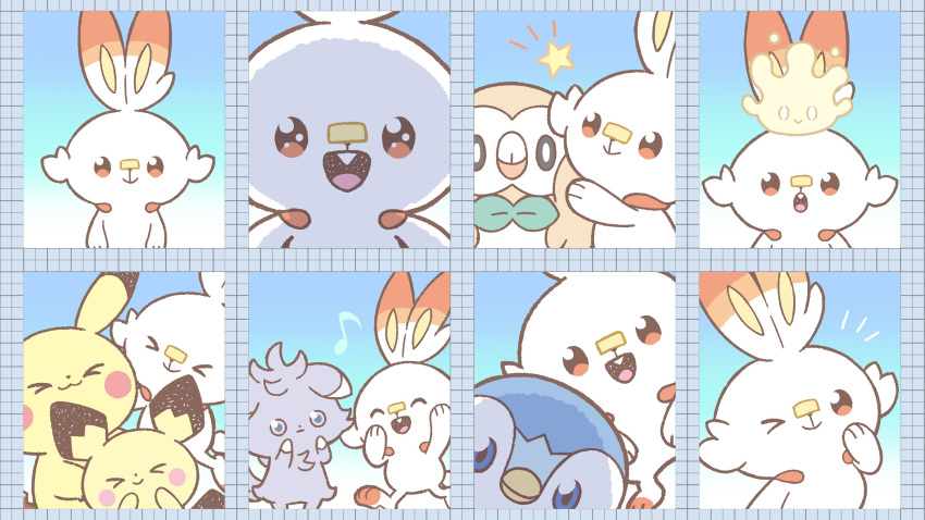 &gt;_&lt; &gt;_o :3 blue_eyes closed_mouth commentary_request espurr highres milcery musical_note no_humans official_art one_eye_closed pichu pikachu piplup pokemon pokemon_(creature) rowlet scorbunny smile star_(symbol)