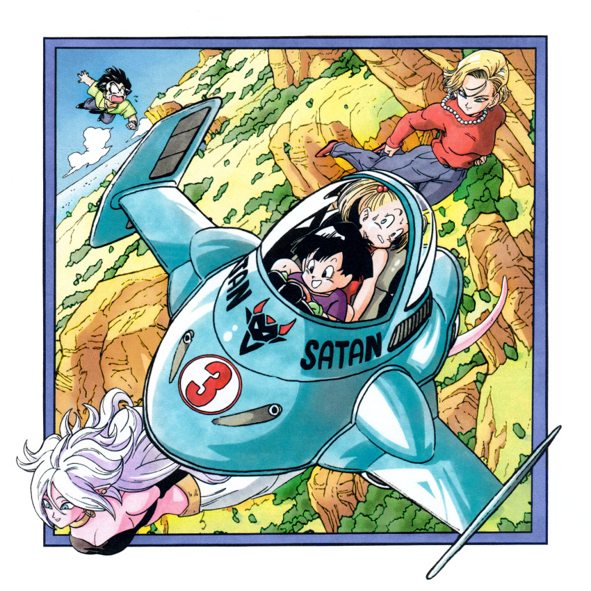 1boy 4girls absurdres aircraft android_18 android_21 black_eyes black_hair blonde_hair blue_eyes breasts collared_shirt colored_skin curly_hair dragon_ball dragon_ball_fighterz dragon_ball_z dress earrings flying green_shirt harem_pants highres hoop_earrings jewelry kuririn large_breasts long_hair majin_android_21 maron_(dragon_ball_z) marron_(dragon_ball) medium_breasts medium_hair midair mountain multiple_girls no_nose ocean pan_(dragon_ball) pants pink_skin red_dress red_sweater shirt short_hair silverwoodwork sleeveless sleeveless_dress strapless sweater tail tube_top twintails white_shirt