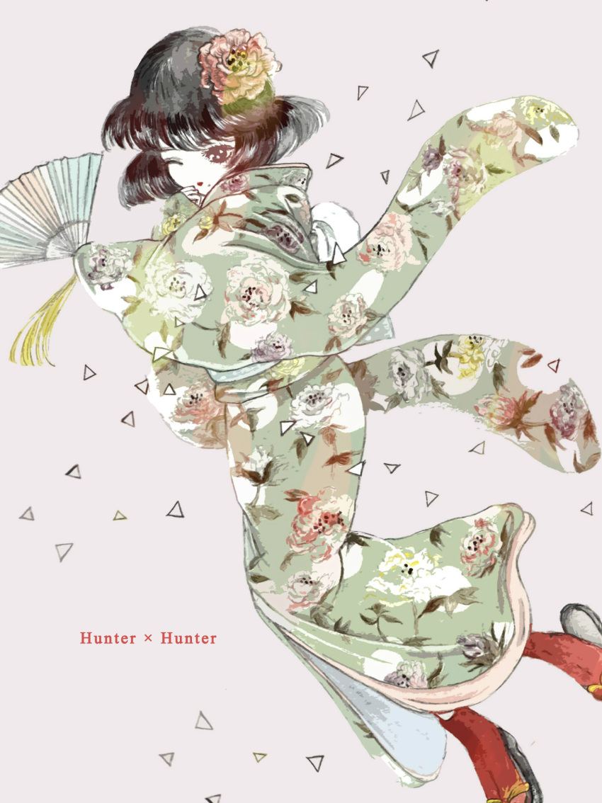1boy androgynous arm_up black_eyes black_hair bob_cut confetti copyright_name floating_hair floral_print flower flying_paper folding_fan green_kimono hair_floating_upwards hair_flower hair_ornament hand_fan highres holding holding_fan hunter_x_hunter japanese_clothes kalluto_zoldyck kimono lipstick long_bangs looking_at_viewer makeup mole mole_under_mouth obi one_eye_closed paper puckered_lips red_footwear sash short_hair simple_background tabi wide_sleeves