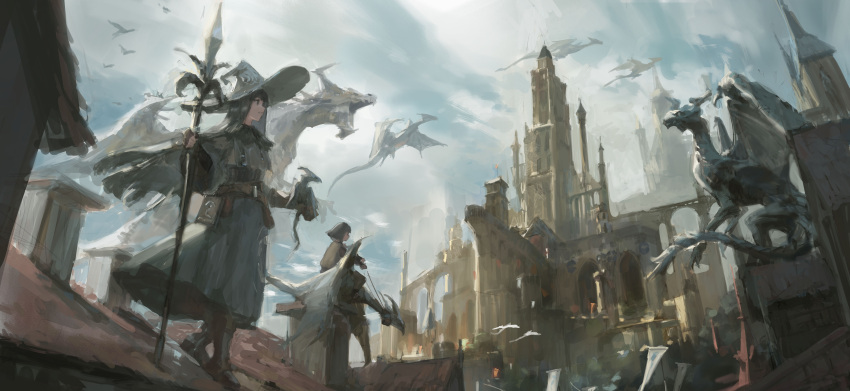 1boy 1girl absurdres bird black_hair building cape castle chinese_commentary cloud cloudy_sky commentary_request day dragon fantasy gloves hat highres holding holding_staff holding_weapon long_hair original outdoors scenery sky staff standing weapon witch witch_hat zygocactus