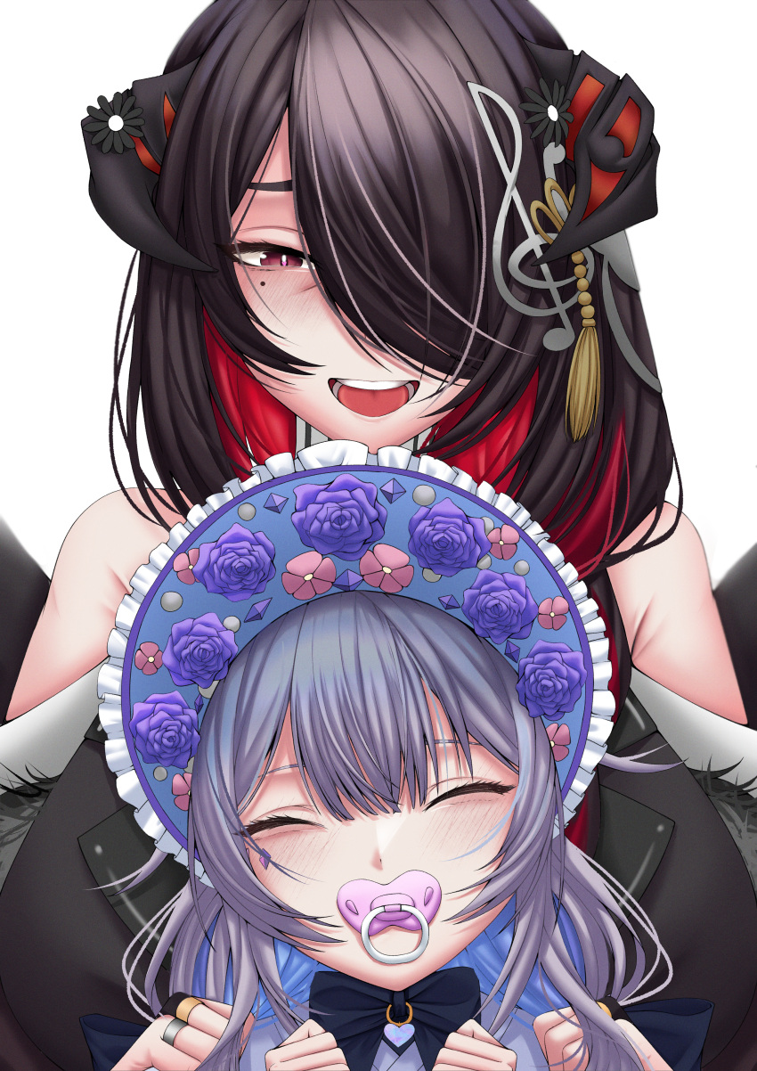 2girls absurdres bare_shoulders black_hair bonnet braid bright_pupils closed_eyes colored_inner_hair commentary demon_horns english_commentary floral_print flower grey_hair hair_flower hair_ornament highres hololive hololive_english horns japanese_clothes kimono koseki_bijou koseki_bijou_(new_year) long_hair mamarissa mature_female mole mole_under_eye multicolored_hair multiple_girls musical_note musical_note_hair_ornament off_shoulder official_alternate_costume one_eye_covered open_mouth pacifier red_eyes red_hair simple_background smile takodragonn treble_clef two-tone_hair virtual_youtuber white_background white_pupils wings you_gonna_get_raped
