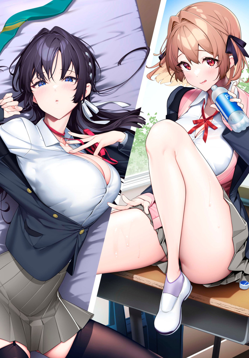 2girls absurdres black_hair black_jacket black_ribbon black_thighhighs blue_eyes bottle breasts brown_hair buttons cardigan cleavage desk giuniu grey_skirt hair_ribbon highres holding holding_bottle jacket large_breasts long_hair multiple_girls neck_ribbon necktie on_desk otoko_girai_na_bijin_shimai_wo_namae_mo_tsugezu_ni_tasuketara_ittai_dounaru? partially_unbuttoned pink_cardigan pink_ribbon pleated_skirt red_eyes red_ribbon ribbon school_uniform second-party_source shinjou_aina_(otomai) shinjou_arisa_(otomai) shoes short_hair sitting skirt thighhighs tongue unworn_necktie water_bottle white_footwear white_ribbon