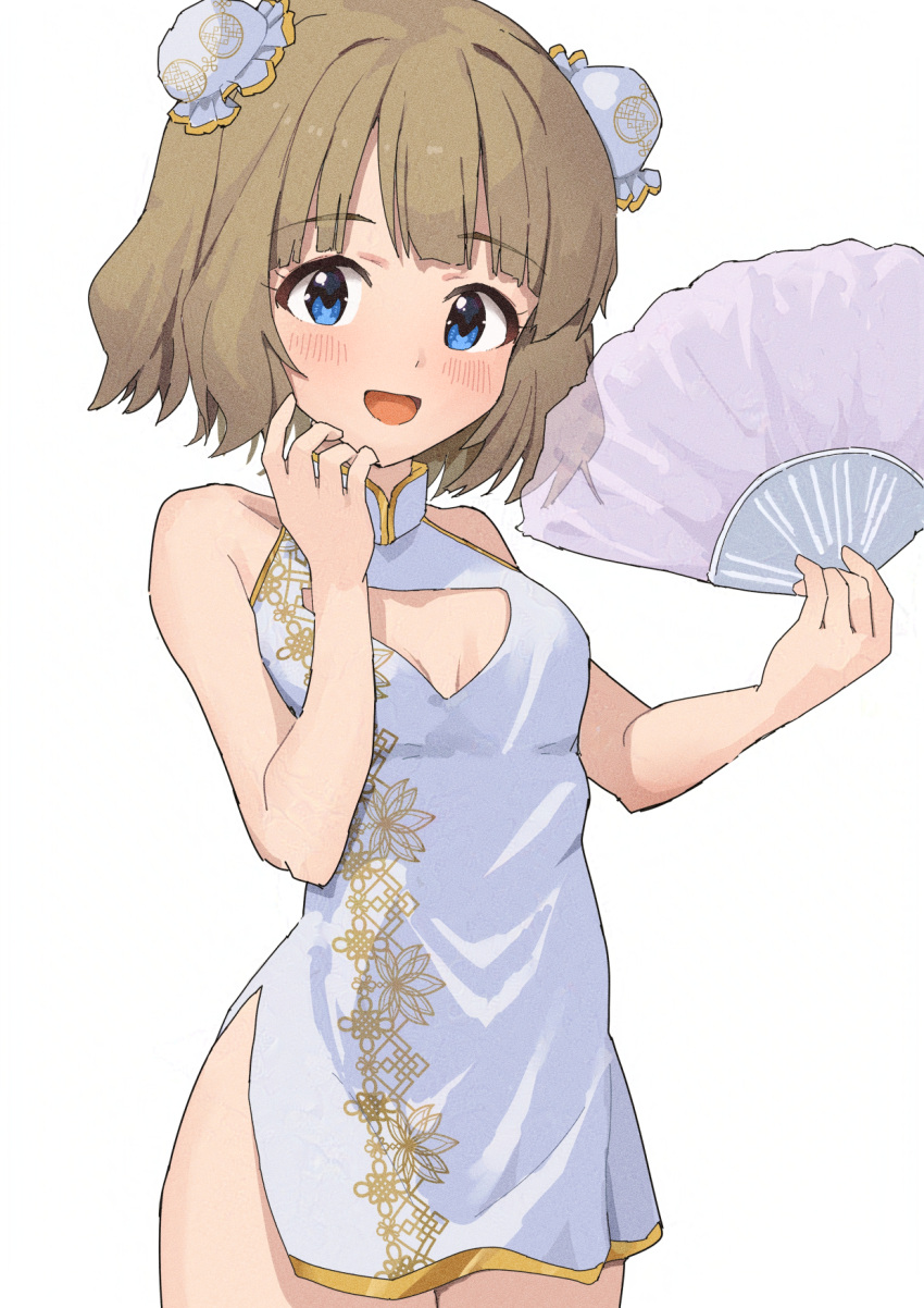 1girl blue_eyes breasts brown_hair china_dress chinese_clothes cleavage commentary cowboy_shot dot_nose double_bun dress ebifu floral_print hair_bun hand_fan hand_up hat highres holding holding_fan idolmaster idolmaster_million_live! light_blush looking_at_viewer medium_hair mob_cap open_mouth side_slit sidelocks sleeveless sleeveless_dress small_breasts smile solo suou_momoko thighs white_background white_dress