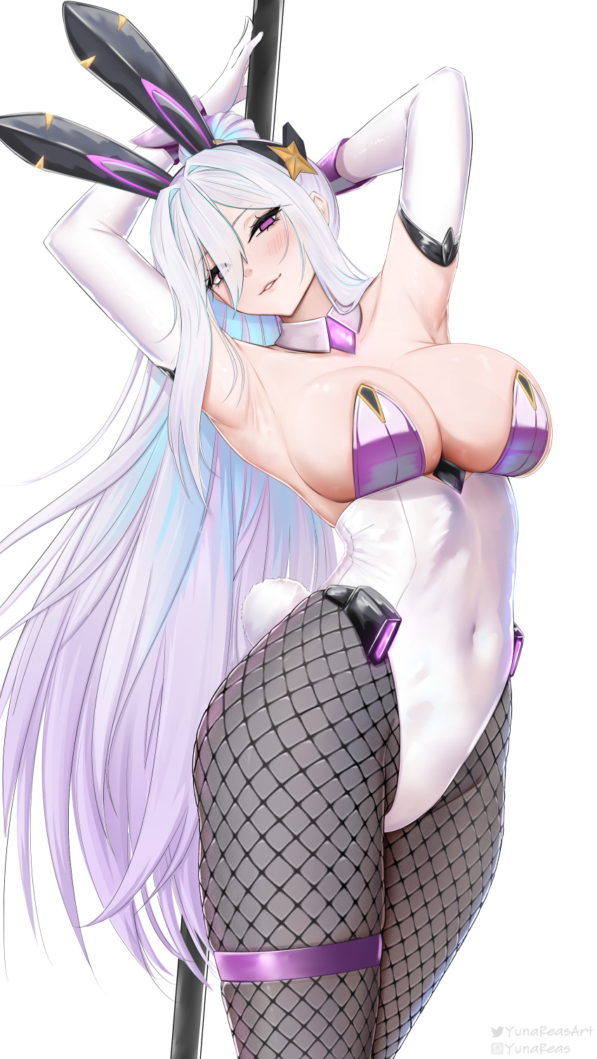 1girl absurdres animal_ear_hairband animal_ears armpits arms_up azur_lane bare_shoulders black_hairband blush breasts cleavage cowboy_shot detached_collar elbow_gloves english_commentary fake_animal_ears fishnet_pantyhose fishnets gloves hair_between_eyes hair_intakes hair_ornament hairband highleg highleg_leotard highres kearsarge_(all_night_charge)_(azur_lane) kearsarge_(azur_lane) large_breasts leotard long_hair looking_at_viewer multicolored_hair multicolored_leotard official_alternate_costume pantyhose parted_lips playboy_bunny pole_dancing purple_eyes purple_leotard rabbit_ears rabbit_tail simple_background solo_focus star_(symbol) star_hair_ornament strapless strapless_leotard streaked_hair tail thigh_strap thighs two-tone_leotard very_long_hair white_background white_gloves white_hair white_leotard yunareas