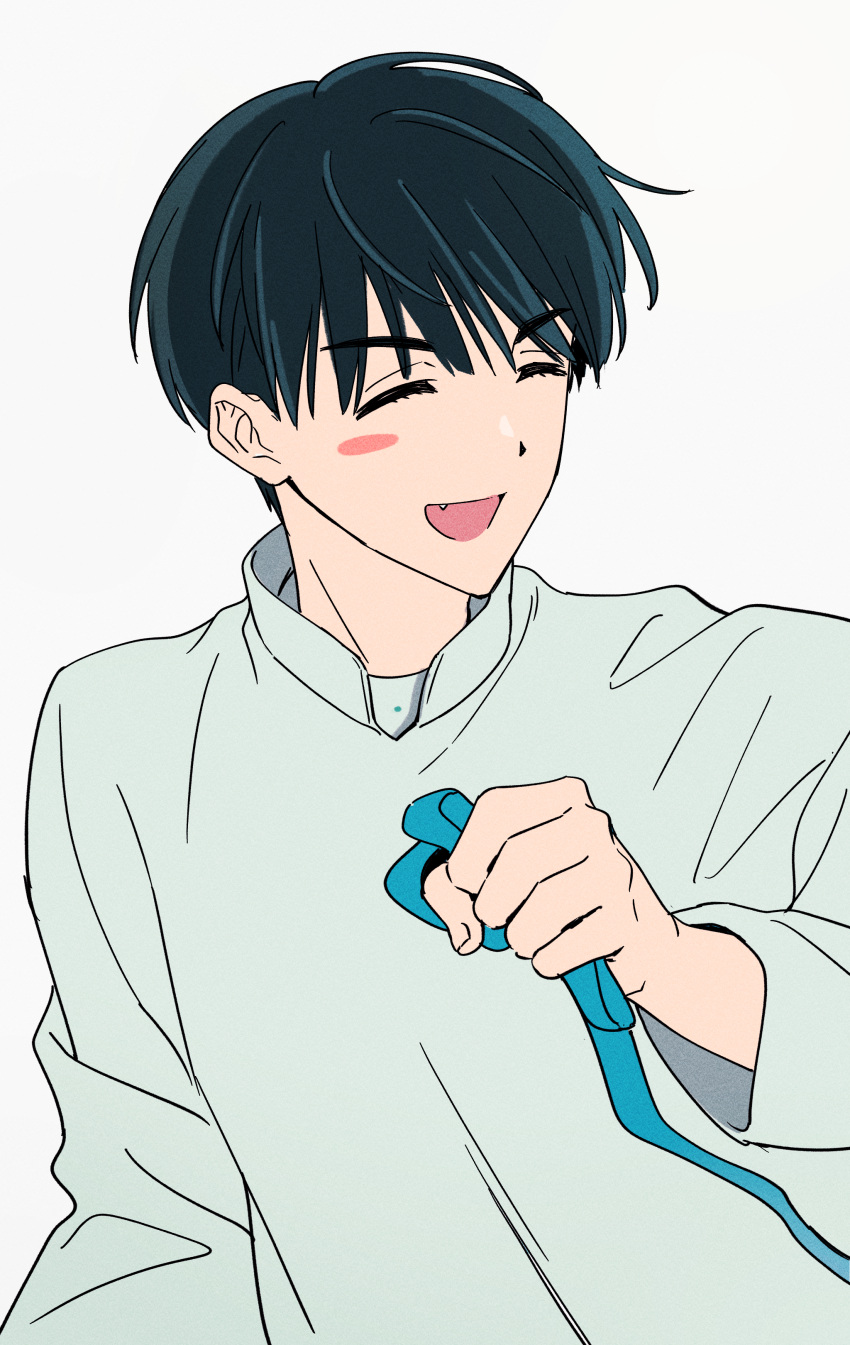 1boy absurdres alien_stage black_hair blush closed_eyes eyelashes fang happy highres holding holding_leash ivan_(alien_stage) kyokutsuki leash long_sleeves male_focus open_mouth shirt short_hair simple_background sketch smile solo upper_body white_background white_shirt