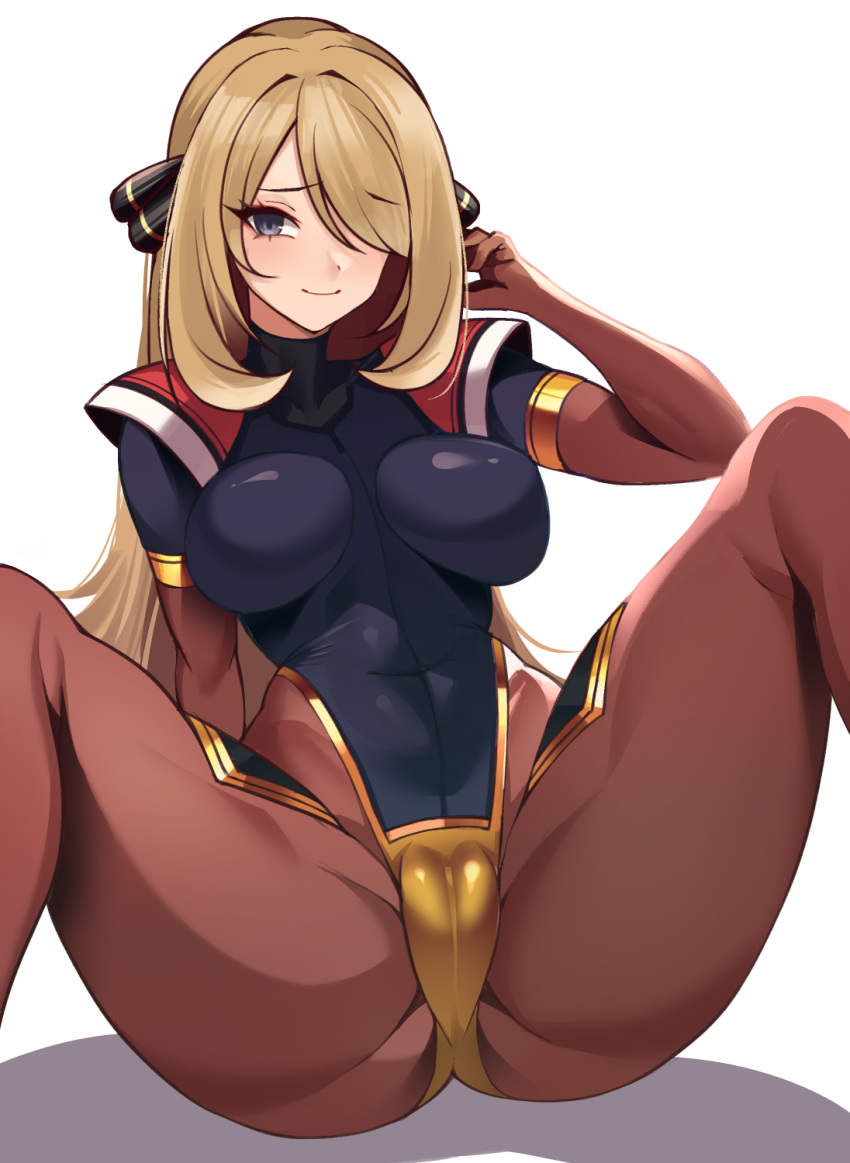 1girl athletic_leotard blonde_hair bodysuit breasts cameltoe cleft_of_venus commentary_request cynthia_(pokemon) feet_out_of_frame grey_eyes hair_over_one_eye highleg highres large_breasts leotard long_hair looking_at_viewer pokemon pokemon_dppt simple_background skin_tight smile solo volyz white_background