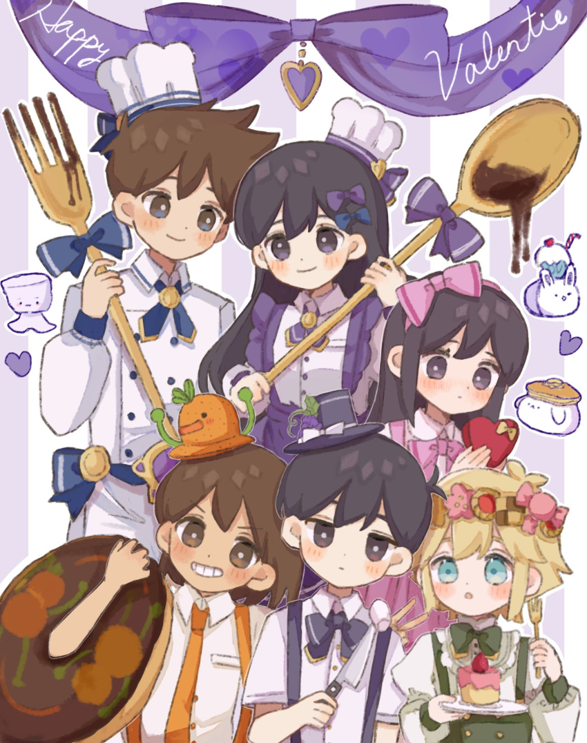 2girls 4boys aubrey_(faraway)_(omori) aubrey_(omori) basil_(faraway)_(omori) basil_(omori) black_eyes black_hair blue_bow blush bow brown_eyes brown_hair chef_hat closed_mouth dark-skinned_male dark_skin doughnut food fork grin hair_bow happy_valentine hat heart hero_(faraway)_(omori) hero_(omori) highres holding holding_fork holding_knife holding_plate kel_(faraway)_(omori) kel_(omori) knife long_hair long_sleeves mari_(faraway)_(omori) mari_(omori) milkshake_bunny_(omori) mugi062 multiple_boys multiple_girls omori pancake_bunny_(omori) parted_lips pink_bow plate purple_bow short_hair short_sleeves smile snaley_(omori) teeth white_hat