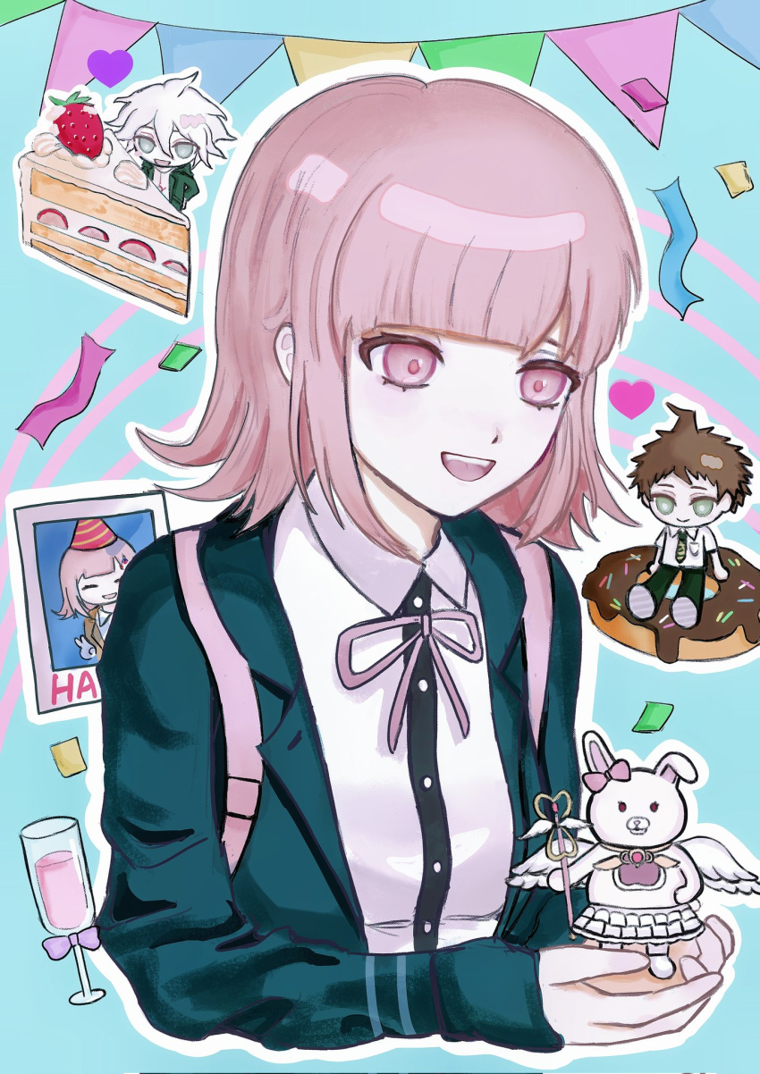 1girl 2boys :d birthday black_shirt bow cake cake_slice chibi collared_shirt confetti cropped_torso danganronpa_(series) danganronpa_2:_goodbye_despair doughnut dress_shirt ear_bow food green_jacket highres hinata_hajime holding jacket komaeda_nagito medium_hair multiple_boys nanami_chiaki neck_ribbon no_hair_ornament open_clothes open_jacket pink_eyes pink_hair pink_ribbon ribbon shirt smile strawberry_shortcake teeth upper_teeth_only usami_(danganronpa) white_shirt yusheng_ling_dong