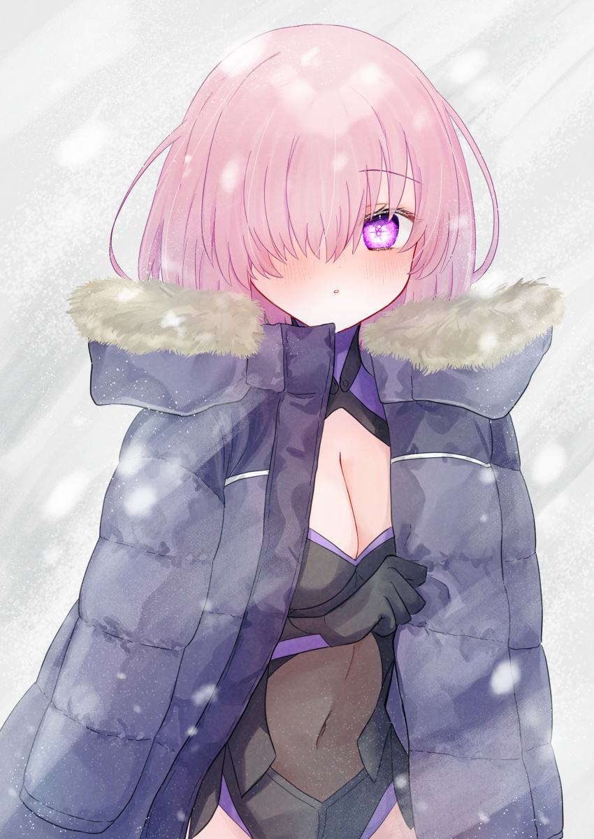 1girl absurdres black_gloves black_leotard blush breasts cleavage cleavage_cutout clothing_cutout coat covered_navel fate/grand_order fate_(series) gloves hair_over_one_eye harukappa highres hood hooded_coat leotard long_hair looking_at_viewer mash_kyrielight medium_breasts open_clothes open_coat outdoors parted_lips pink_eyes pink_hair purple_coat snowing solo standing straight_hair symbol-shaped_pupils white_background