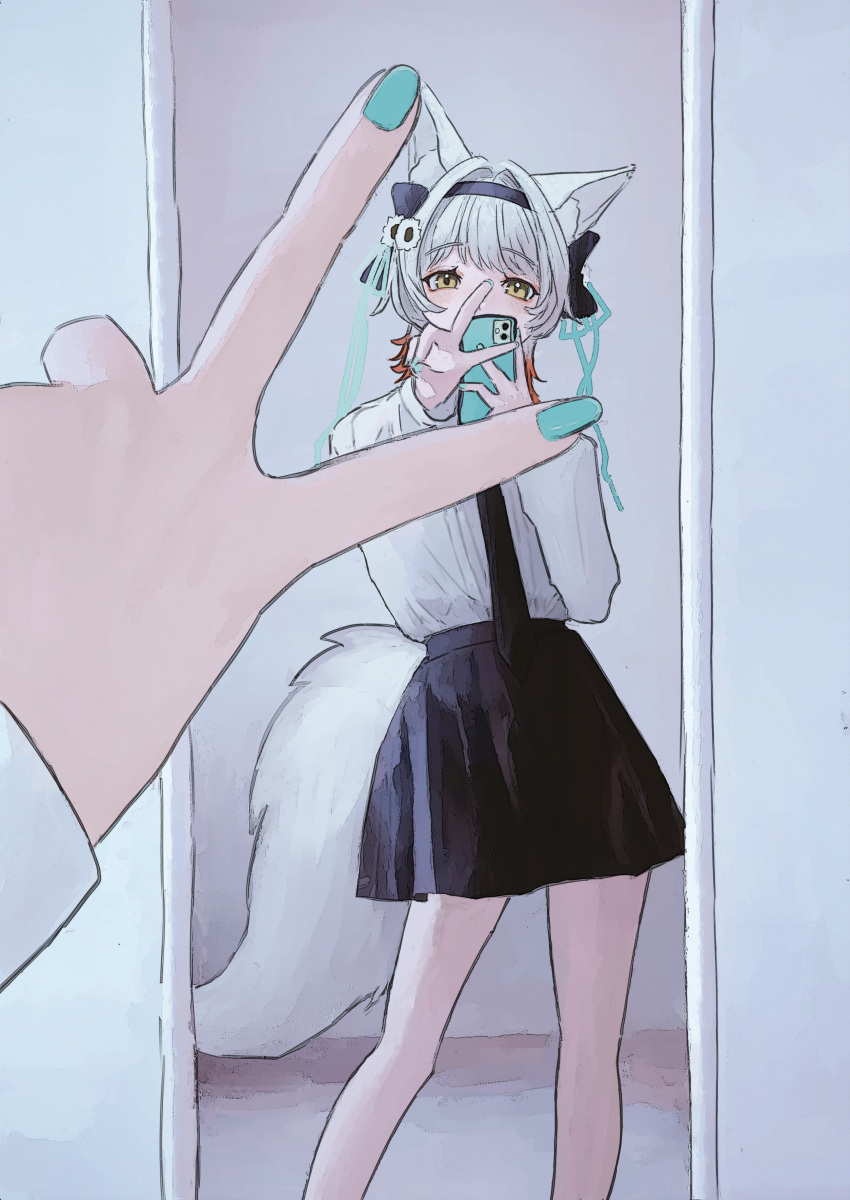 1girl absurdres animal_ears aqua_nails black_hairband black_necktie black_skirt blue_nails cellphone collared_shirt feet_out_of_frame female_pov fingernails grey_hair hair_intakes hair_ornament hairband highres holding holding_phone kurou_satsuki long_sleeves looking_at_mirror looking_at_viewer mirror multicolored_hair nail_polish necktie orange_hair phone pleated_skirt ponta_(matsuokazieg) pov pov_hands reflection ribbon selfie shirt shirt_tucked_in skirt smartphone solo standing tail taking_picture v virtual_youtuber white_hair white_shirt wolf_ears wolf_girl wolf_tail yellow_eyes zero_project