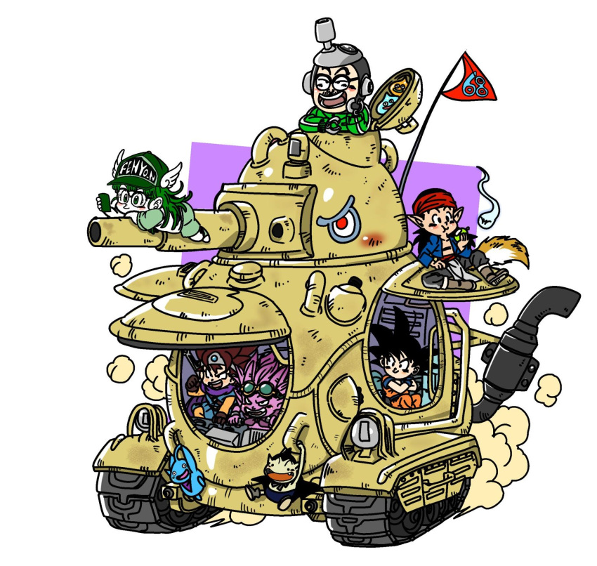 chrono_trigger crossed_arms dougi dr._slump dragon_ball dragon_quest fenyon flag goggles highres mechanical_arms motor_vehicle multiple_boys norimaki_arale open_mouth red_flag sand_land simple_background sitting slime_(dragon_quest) smoke son_gohan spiked_hair toriyama_akira_(character) white_background