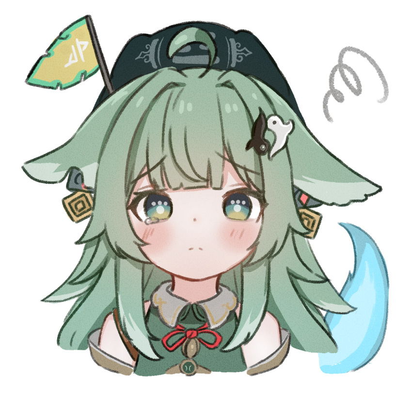 1girl ahoge animal_ears bare_shoulders blush detached_sleeves flag_hair_ornament fox_ears fujihana_(user_epad8578) green_hair hat honkai:_star_rail honkai_(series) huohuo_(honkai:_star_rail) long_hair looking_at_viewer paw-shaped_pupils pout single_tear solo symbol-shaped_pupils tail_(honkai:_star_rail) tearing_up