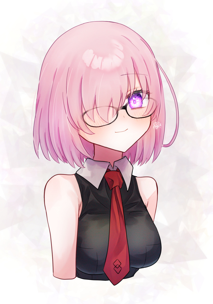 1girl absurdres black-framed_eyewear black_shirt breasts closed_mouth collared_shirt cropped_arms cropped_torso fate/grand_order fate_(series) glasses hair_over_one_eye harukappa highres mash_kyrielight medium_breasts medium_hair necktie pink_eyes pink_hair red_necktie shirt sleeveless sleeveless_shirt smile solo straight_hair upper_body white_background wing_collar