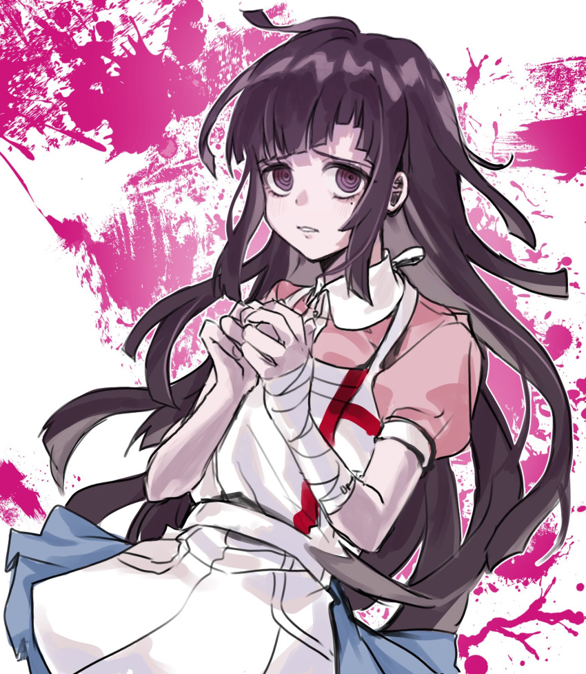 1girl apron bandaged_arm bandages black_hair blood blue_skirt blush collared_shirt cowboy_shot danganronpa_(series) danganronpa_2:_goodbye_despair hands_up highres hy_(fjvlg) long_hair miniskirt mole mole_under_eye own_hands_together pink_background pink_blood pink_eyes pink_shirt pleated_skirt puffy_short_sleeves puffy_sleeves shirt short_sleeves skirt solo teeth tsumiki_mikan two-tone_shirt white_apron