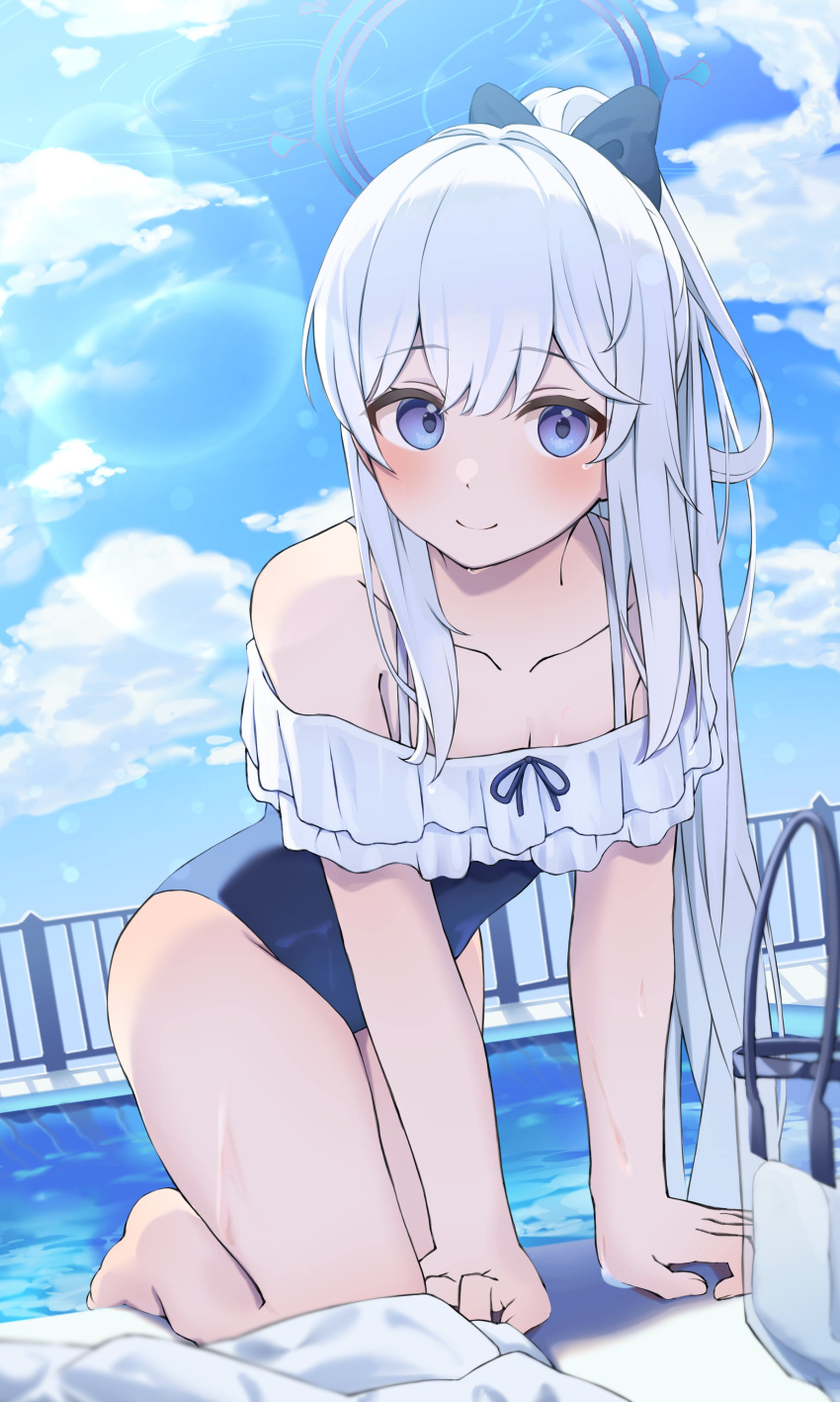 1girl absurdres bare_arms bare_legs bare_shoulders barefoot blue_archive blue_eyes blue_halo blue_one-piece_swimsuit blush breasts casual_one-piece_swimsuit cleavage closed_mouth collarbone day frilled_one-piece_swimsuit frills grey_hair halo heimu_(heim_kstr) highres long_hair looking_at_viewer miyako_(blue_archive) miyako_(swimsuit)_(blue_archive) off-shoulder_one-piece_swimsuit off_shoulder official_alternate_costume official_alternate_hairstyle one-piece_swimsuit outdoors ponytail pool small_breasts smile solo swimsuit water