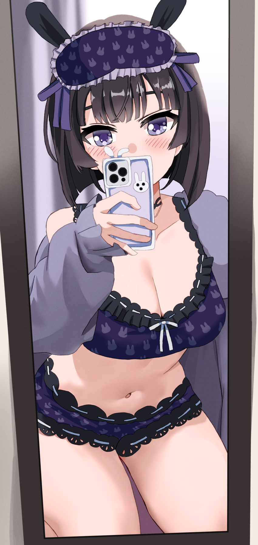1girl absurdres black_hair blush breasts cardigan cellphone cleavage covering_own_mouth cowboy_shot cropped_shirt eye_mask frilled_shorts frills full-length_mirror grey_cardigan highres holding holding_phone indoors kinomiki large_breasts legs_apart long_bangs long_sleeves looking_at_mirror looking_at_viewer mask mask_on_head medium_hair mirror navel nijisanji off_shoulder open_cardigan open_clothes phone purple_eyes purple_shirt purple_shorts selfie shirt shorts sidelocks sleep_mask sleeveless sleeveless_shirt smartphone solo stomach thighs tsukino_mito virtual_youtuber