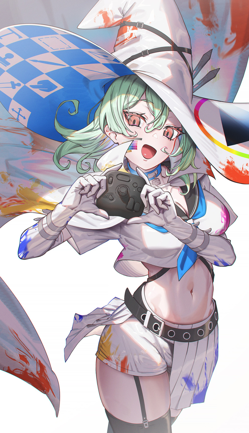 1girl :d belt black_belt black_sailor_collar black_thighhighs blue_choker blue_neckerchief breasts cape choker cleavage color_picker color_wheel colored_eyelashes controller elbow_gloves facial_tattoo flipped_hair garter_straps gloves green_hair hair_between_eyes hat highres hironii_(hirofactory) holding holding_controller looking_at_viewer medium_breasts medium_hair navel neckerchief orange_eyes original paint_on_clothes paint_splatter pants pleated_skirt sailor_collar sailor_shirt shirt short_sleeves skirt smile solo stomach strap tattoo thighhighs torn_clothes torn_skirt tourbox white_background white_cape white_gloves white_headwear white_pants white_shirt white_skirt wide_brim witch witch_hat wristband