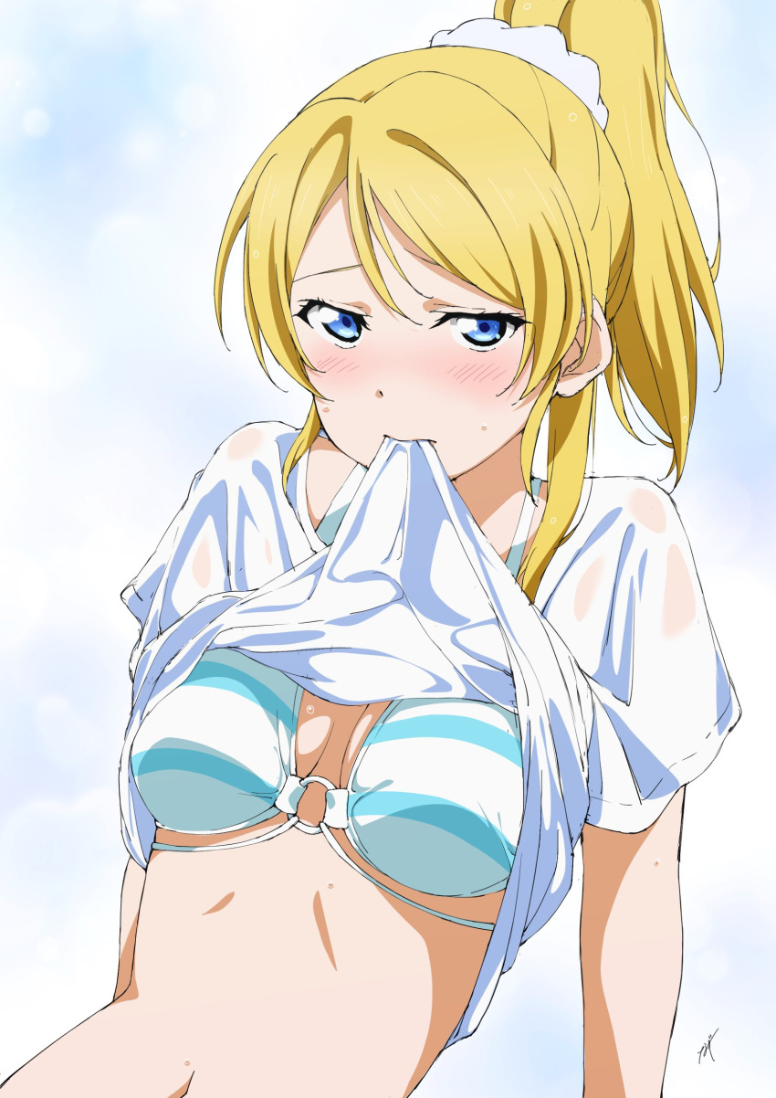 1girl ayase_eli bikini blonde_hair blue_bikini blue_eyes blush breasts clothes_lift highres large_breasts lifted_by_self long_hair looking_at_viewer love_live! love_live!_school_idol_project mouth_hold nagi_mkrnpn navel ponytail shirt shirt_lift short_sleeves solo stomach swimsuit wet wet_clothes wet_shirt white_shirt