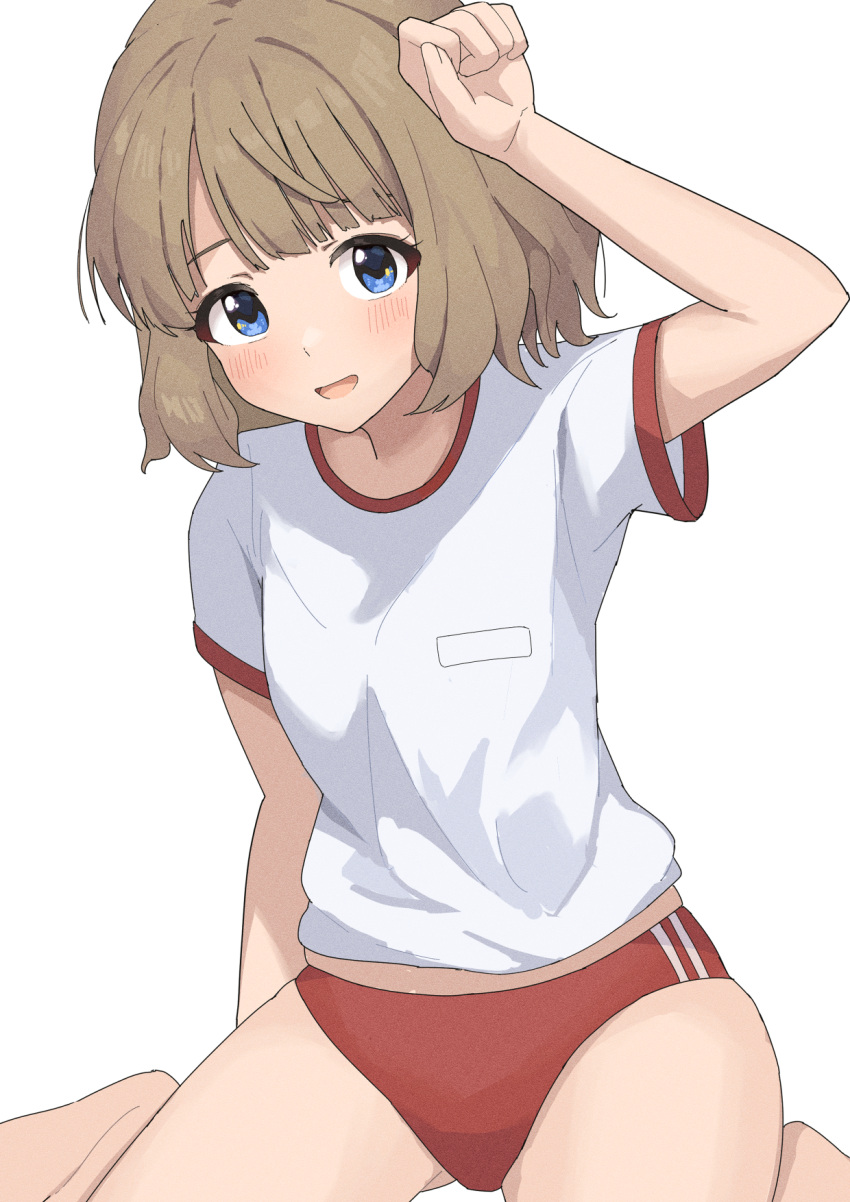 1girl blue_eyes blunt_bangs blush breasts brown_hair buruma dot_nose ebifu eyelashes gym_uniform hand_on_own_head highres idolmaster idolmaster_million_live! idolmaster_million_live!_theater_days looking_at_viewer name_tag open_mouth parted_bangs red_buruma short_hair simple_background sitting small_breasts solo suou_momoko thighs wariza wavy_hair white_background