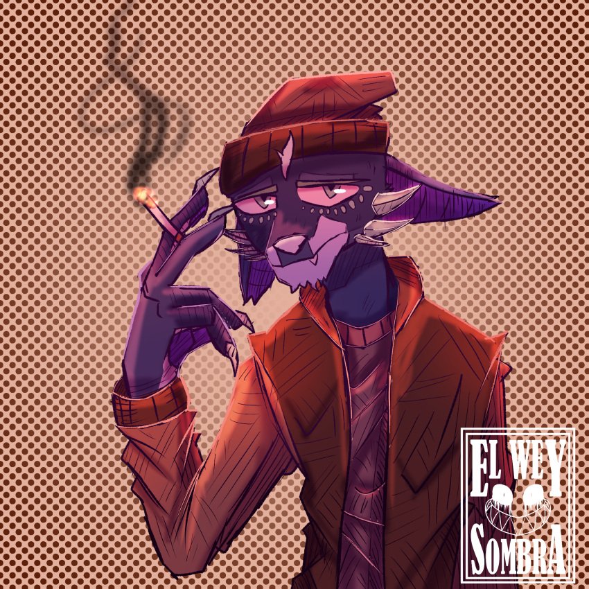 1:1 2023 anthro beanie beard blue_body blue_eyes blue_fur cigarette claws clothing drugs elweysombra facial_hair facial_spikes fur glistening glistening_eyes hair hat headgear headwear hi_res holding_cigarette holding_object jacket lix_(vernid) male mane mane_hair marijuana markings purple_body purple_fur red_sclera scale_markings scales simple_background sketch smoke solo spikes spikes_(anatomy) teeth topwear vernid watermark white_body white_fur