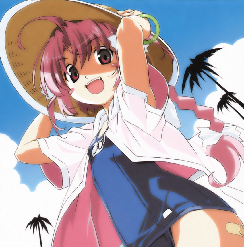 :d arms_up bandaid bandaid_on_leg blush_stickers cloud day from_below hands_on_headwear hat highres nakahara_komugi no_pants nurse_witch_komugi-chan one-piece_swimsuit open_clothes open_mouth open_shirt palm_tree pink_hair school_swimsuit shirt sky smile solo straw_hat sun_hat swimsuit swimsuit_under_clothes tree watanabe_akio