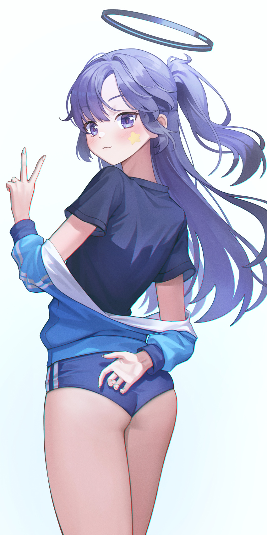 1girl :3 absurdres arm_behind_back ass asymmetrical_bangs black_halo black_shirt blue_archive blue_buruma blue_jacket blush buruma commentary floating_hair gym_uniform halo hand_up highres jacket long_hair looking_at_viewer looking_back official_alternate_costume partially_unzipped ponytail purple_eyes purple_hair shirt sidelocks simple_background star_(symbol) sticker_on_face track_jacket v white_background yungjing yuuka_(blue_archive) yuuka_(track)_(blue_archive)