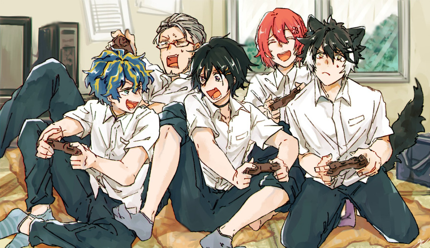 5boys :&lt; :d ^_^ alternate_costume animal_ears aqua_eyes arurandeisu arurandeisu_(old_design) astel_leda beard black_choker black_hair black_pants blonde_hair blue_hair blue_socks cheek_press choker closed_eyes collared_shirt controller cushion eye_contact facial_hair feet_out_of_frame flower full_body game_controller glasses green_eyes grey_hair grey_socks hair_between_eyes hair_flower hair_ornament hair_slicked_back hairclip hanasaki_miyabi highres holding holding_controller holding_game_controller holostars indoors jackal_boy jackal_ears jackal_tail kageyama_shien kanade_izuru knee_up kneeling light_blush lightning_bolt_hair_ornament lightning_bolt_symbol looking_at_another looking_at_viewer looking_to_the_side male_focus mature_male multicolored_hair multiple_boys on_floor open_collar open_mouth oru_orum pants pants_rolled_up playing_games purple_eyes pushing red_hair shirt short_hair short_sleeves sitting smile socks speaker streaked_hair striped_clothes striped_socks sweatdrop tail television two-tone_hair uneven_eyes untucked_shirt v-shaped_eyebrows virtual_youtuber white_hair white_shirt window yellow_eyes