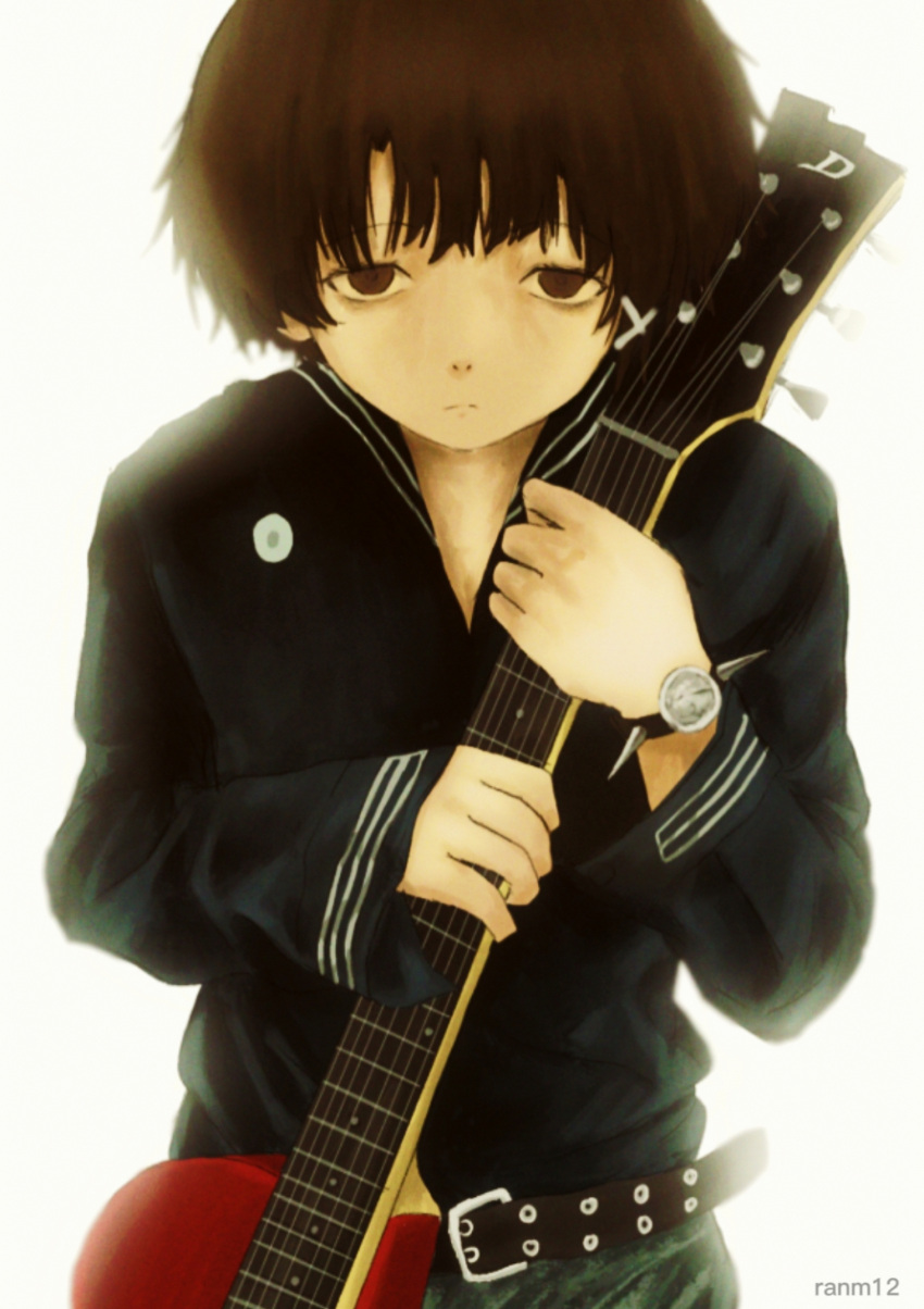 1girl alternate_costume artist_name belt black_belt blue_sailor_collar blue_shirt brown_eyes brown_hair closed_mouth commentary_request cowboy_shot expressionless green_pants guitar hair_ornament highres holding holding_guitar holding_instrument instrument iwakura_lain pants ranm12s sailor_collar serial_experiments_lain shirt shirt_tucked_in short_hair solo spikes v-neck watch white_background wide_sleeves wristwatch x_hair_ornament