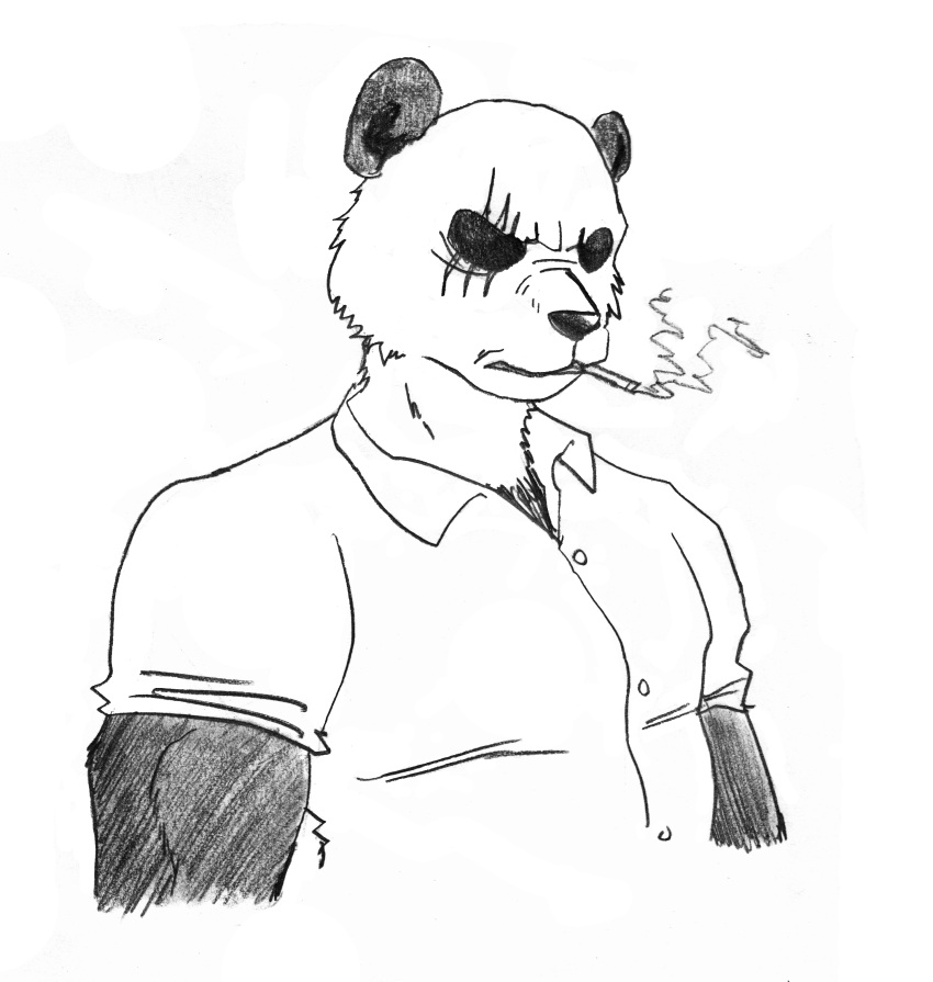 2023 absurd_res anthro bear beastars big_muscles black_body black_fur clothing digital_media_(artwork) dress_shirt efradraws fur giant_panda gouhin_(beastars) hi_res male mammal muscular muscular_anthro muscular_male scar shirt solo topwear