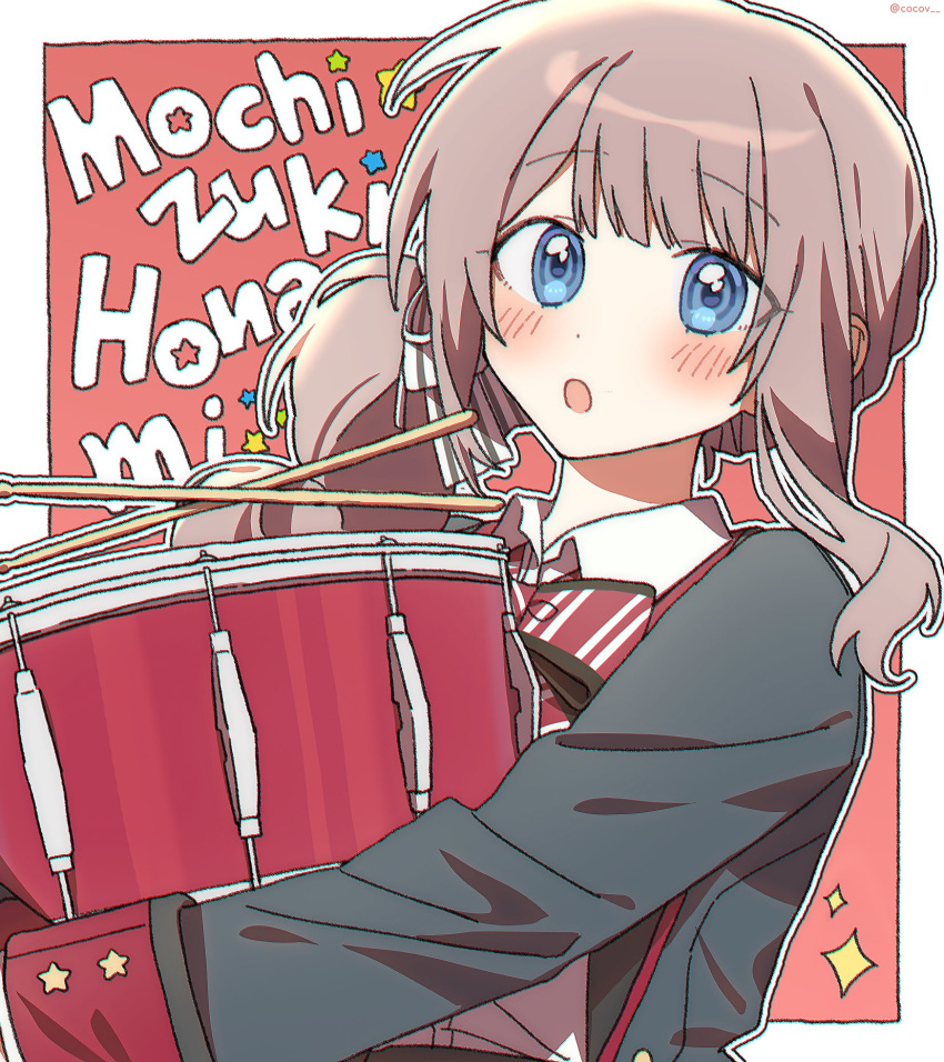 1girl :o black_jacket blue_eyes blush border brown_hair character_name cocov collared_shirt dot_nose drum drumsticks highres holding holding_instrument hugging_object instrument jacket long_hair mochizuki_honami outline outside_border project_sekai shirt side_ponytail sidelocks sleeve_cuffs solo sparkle star_(symbol) twitter_username upper_body white_border white_outline white_shirt