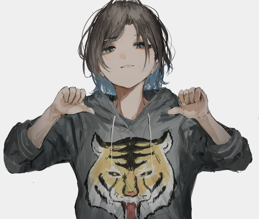 1girl :d animal_print asakura_toru blue_hair brown_hair colored_inner_hair double_thumbs_up drawstring forehead grey_hoodie grin highres hood hood_down hoodie idolmaster idolmaster_shiny_colors long_sleeves medium_hair multicolored_hair open_mouth parted_bangs pikuson pointing pointing_at_self print_hoodie sidelocks simple_background sleeves_rolled_up smile solo straight-on teeth thumbs_up tiger_print upper_body white_background